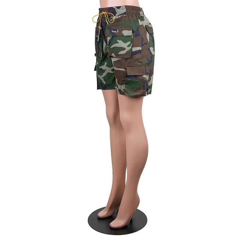 Women's Shorts Camouflage Cargo Shorts Women Summer Multi Pockets Elastic High Waist Lace Up Loose Casual Strt Mid Pants Camo Baggy Trousers Y240425
