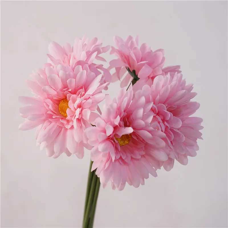 Flores secas Flores artificiais Toque real Daisy Bouquet Simulation Flower Flower Champagne Pink Daisies Fake Plant Home Decoração da sala de estar