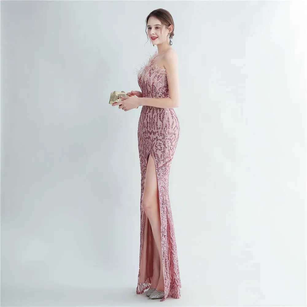 Runway Dresses Yidingzs Elegant Slash Neck Feather Sequin Evening Dress Women Beading Long Party Maxi Dress Y240426