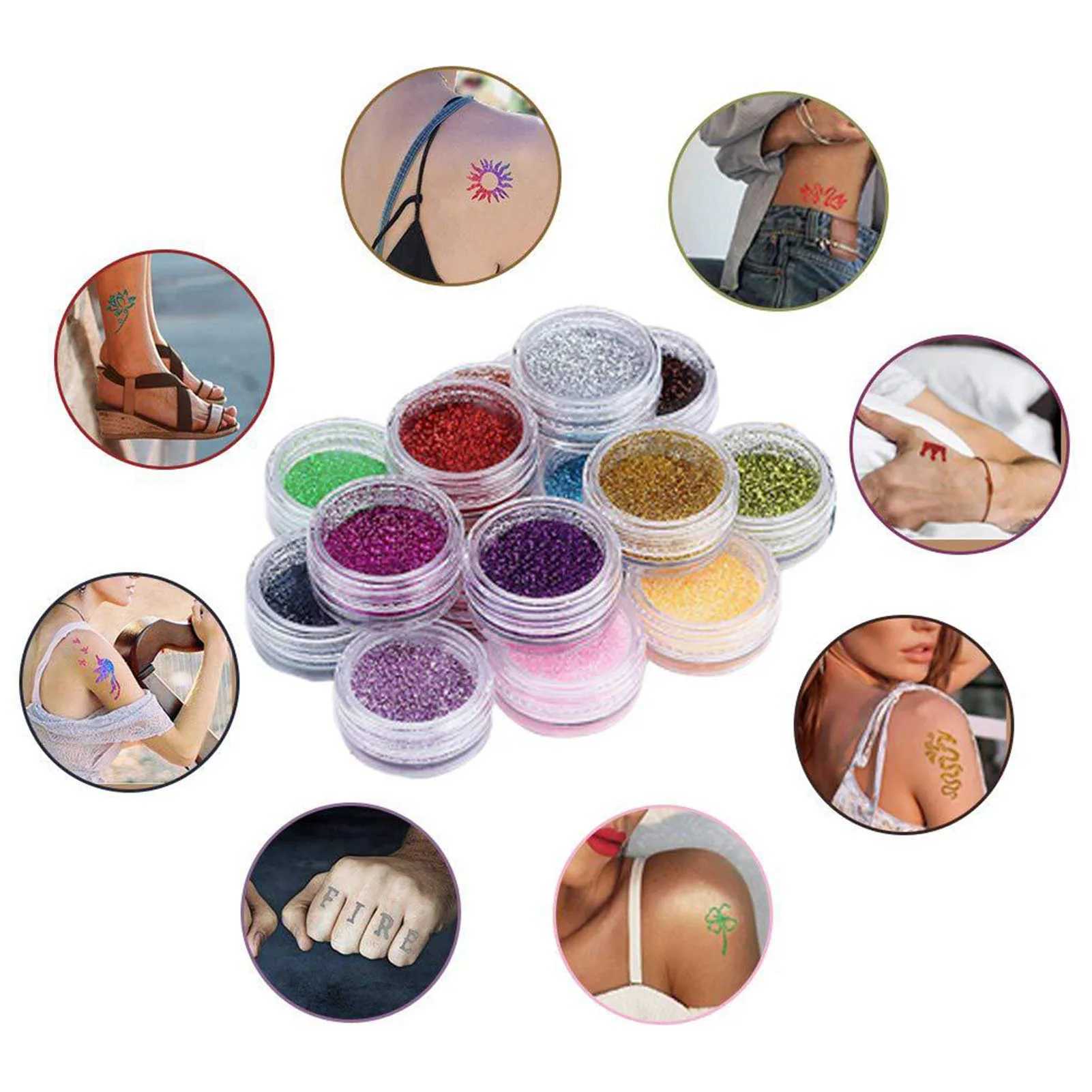 Tattoo overdracht kleurrijke diamant glitter tijdelijke tattoo set glitter poeder make -up borstel tattoo lijm tattoo party face body art kits voor kinderen 240427