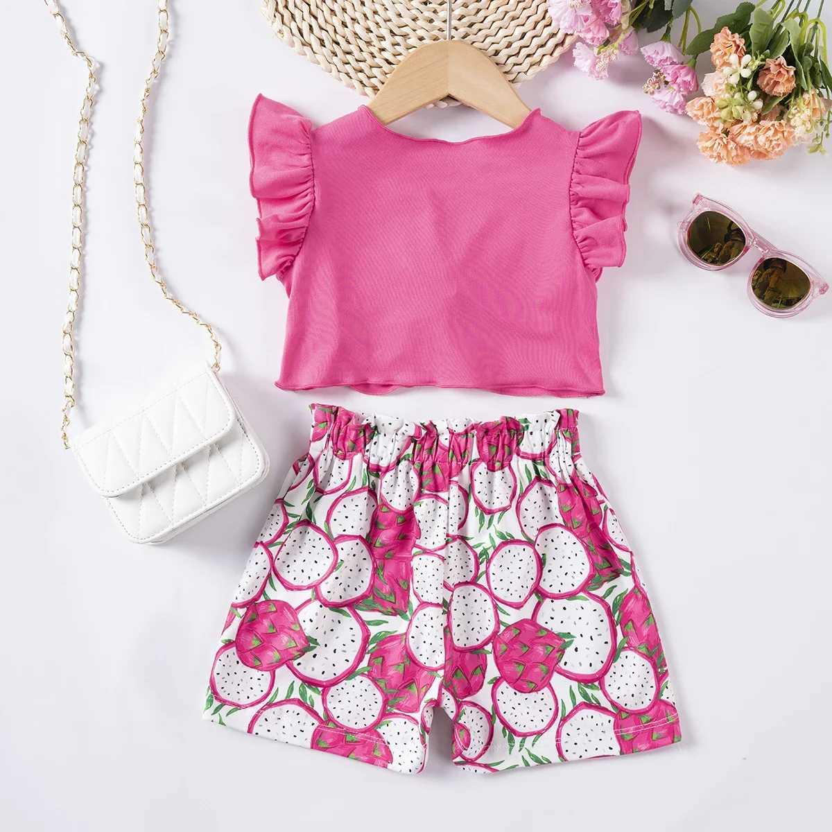 Clothing Sets Summer Girls Fruits Print Clothes Sets Knotted Tops+shorts 1-7Y Toddler Girls Beach Summer Outfits H240426