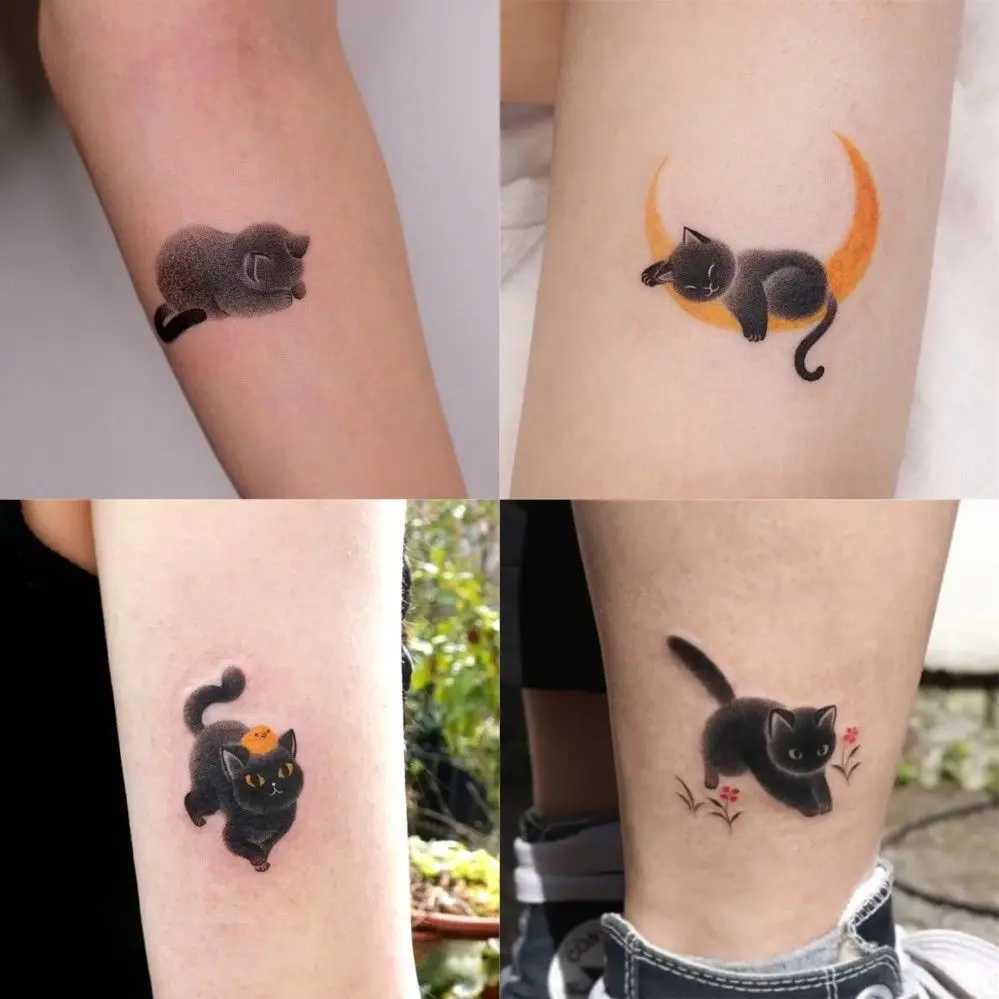 Dövme Transfer Kara Kedi Tatoo Sticker Kalıcı Kadın Erkek Kol Punk Geçici Dövme Sevimli Sanat Sahte Dövmeler Su Geçirmez Tatuajes 240427