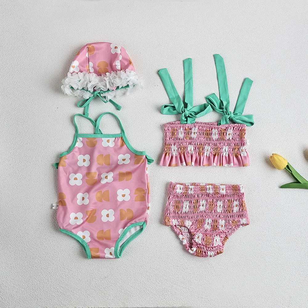 Één-stuks babymeisjes zwempak gesplitst badmode baby bloemen sling eendelig zwempak met hoed H240509