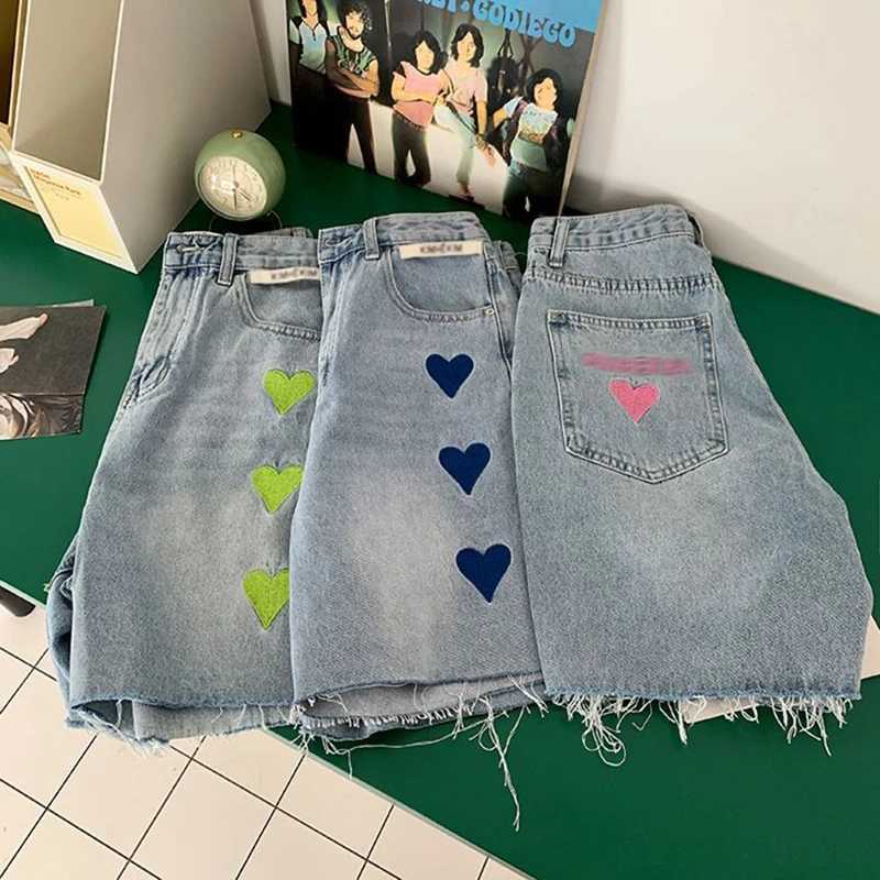 Kvinnors shorts gidyq kvinnor hög midja denim shorts koreansk mode kärlek broderade breda ben byxor kvinnor skjorta tassel lösa jeans nya y240425