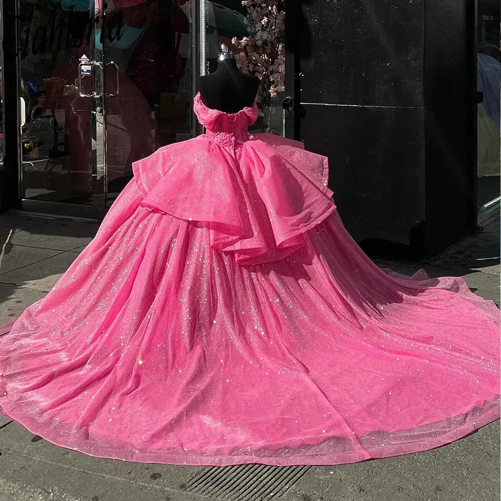 Pink Glitter Crystal Pearls Beading Ball Gown Quinceanera Dresses Off The Shoulder Bow Sweet 16 Vestidos De 15 Anos