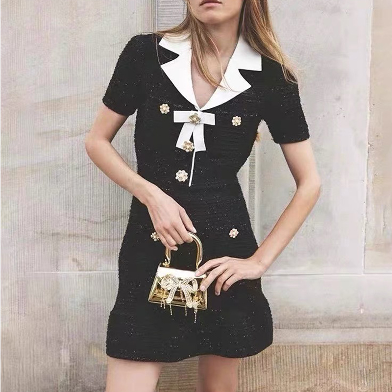 Spring Summer Black Contrast Color Ribbon Bowknot Dress Short Sleeve Notched-Lapel Tweed Panelled Single-Breasted Casual Dresses Y4A26243M