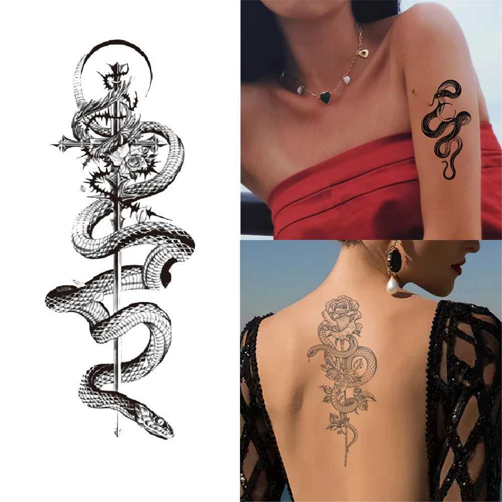 Tatuagem Transferência 2023 Novos adesivos de tatuagem de cobra Maré escura Flor Flor Snake Skull Tattoo Stickers para mangas de braço de arte corporal Flores de cobra 240427