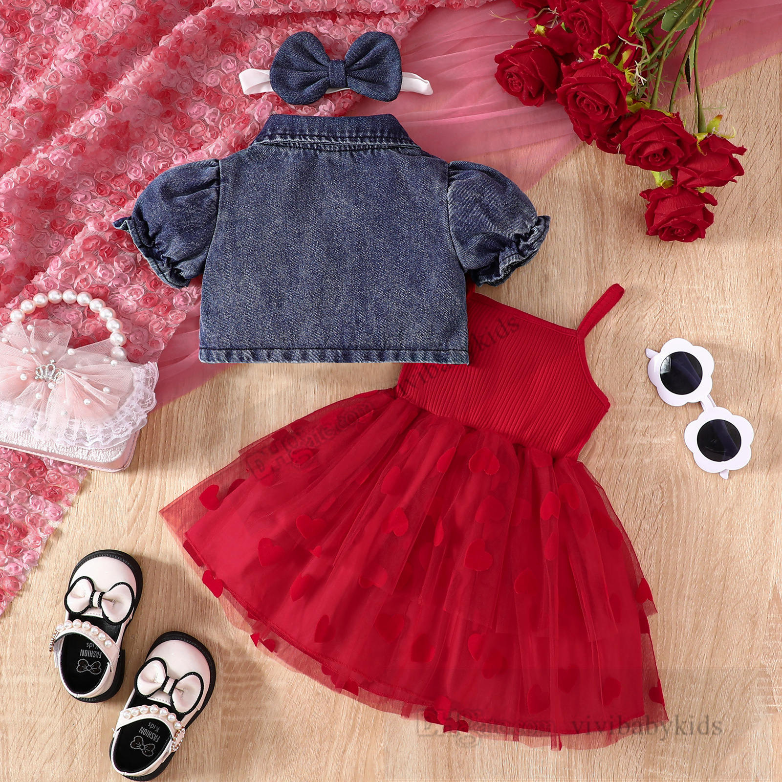 Baby clothing sets toddler kids Bows princess outfits infant girls love heart lace tulle suspender dress with lapel puff sleeve outwear Z7900