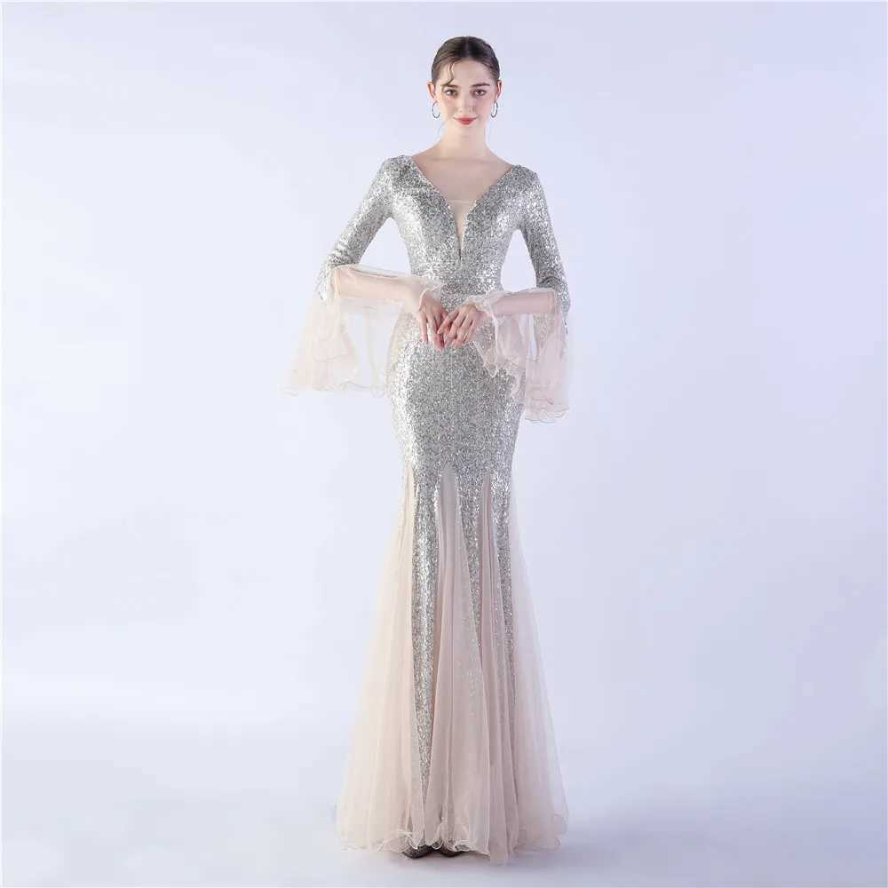 Runway -jurken yidingzs elegante lange slve pailletten avondjurk gouden mesh feest maxi jurk y240426
