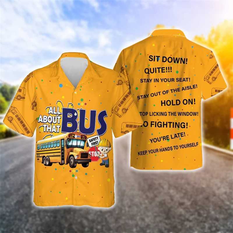 Men's Casual Shirts School Bus 3D Printed Shirts For Men Clothes Cartoon Car Driver Graphic Beach Shirt Funny Gift Aloha Lapel Blouse Hawaiian Tops 240424
