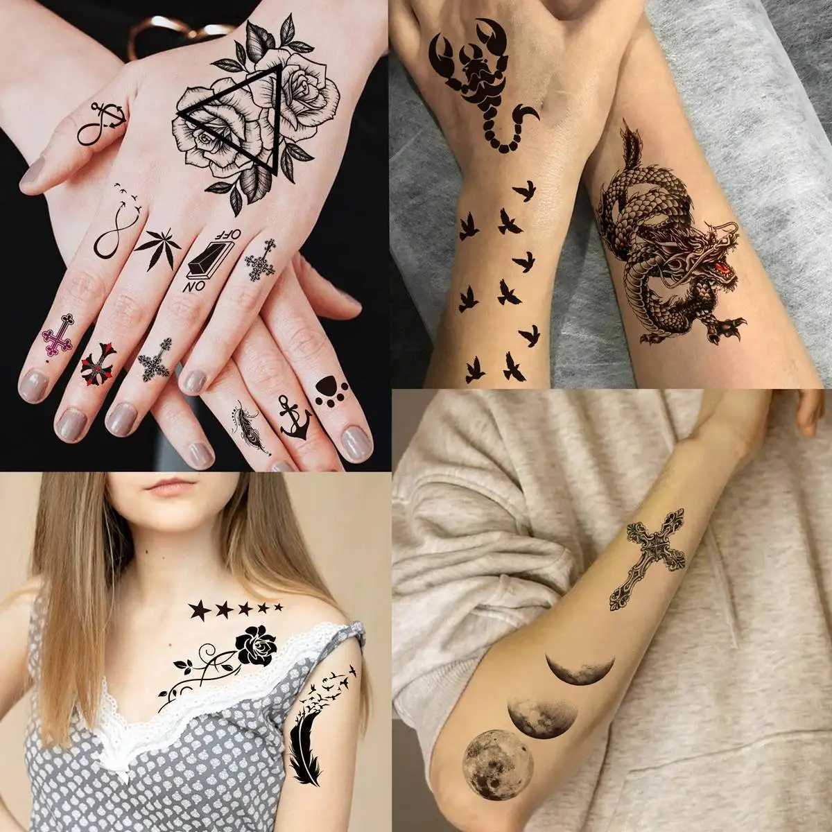 Transfert de tatouage 66 feuilles petits tatouages temporaires noirs pour femmes hommes face coulle faux tatouage autocollant réaliste du crâne de fleur étoile tatoos kits fun 240426