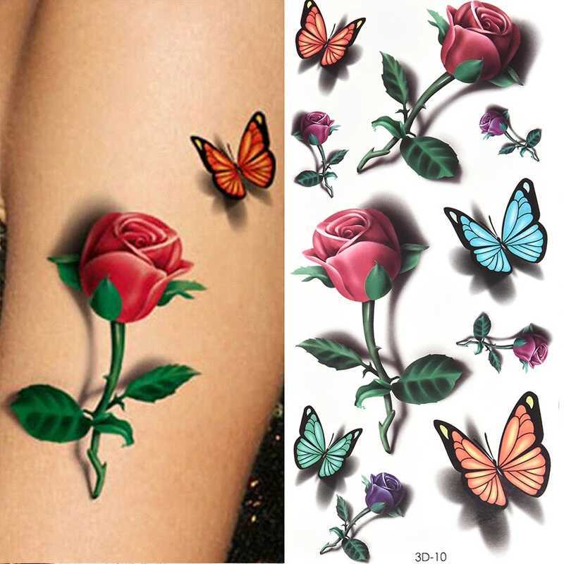 Tatuaż Transfer Temporary Tattoos Naklejka dla kobiet Body Art Tattoo naklejka 3D Butterfly Rose Flower Fiather Tattoo Waterproof Halloween Prezent 240427