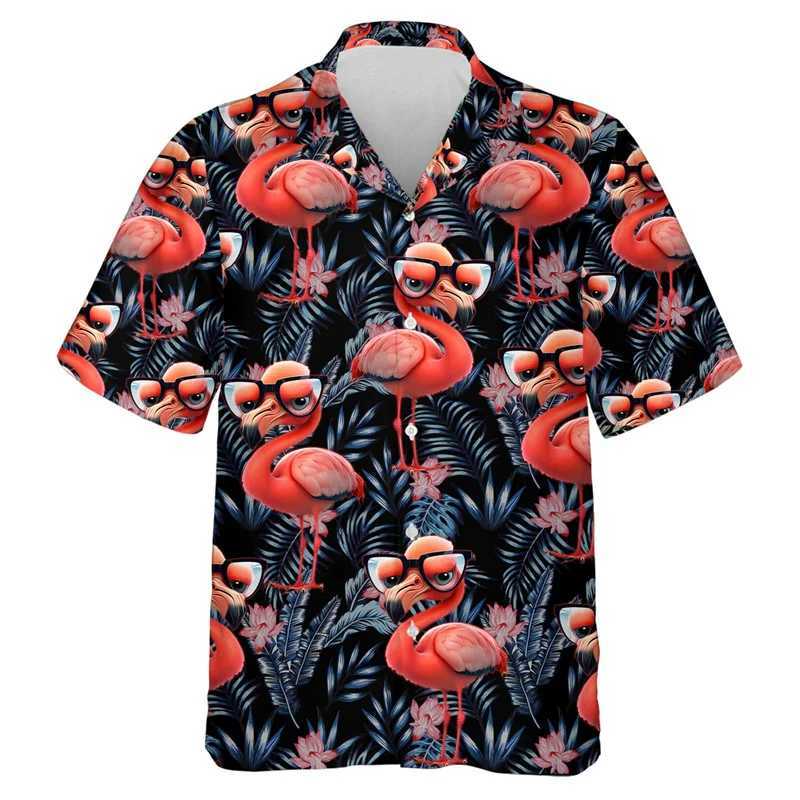 Men's Casual Shirts Hip Hop Hawaiian Flamingo 3D Printed Beach Shirts Aloha Animal Short Sleeve Vacation Women Lapel Blouse Fashion Button Y2k Tops 240424