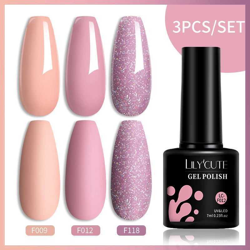 Nagellack lilycute 3stgel nagellack set naken rosa glitter nagelgel polsk semi permanent nagelkonst bas topprock uv gel lackar y240425