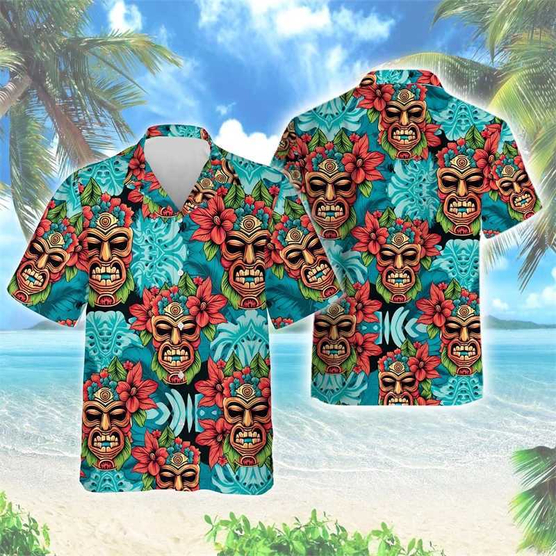 Camisas casuais masculinas de YLPG Máscara de Tiki Hawaiian Tiki Camisa de moda Harajuku impressa Hawai