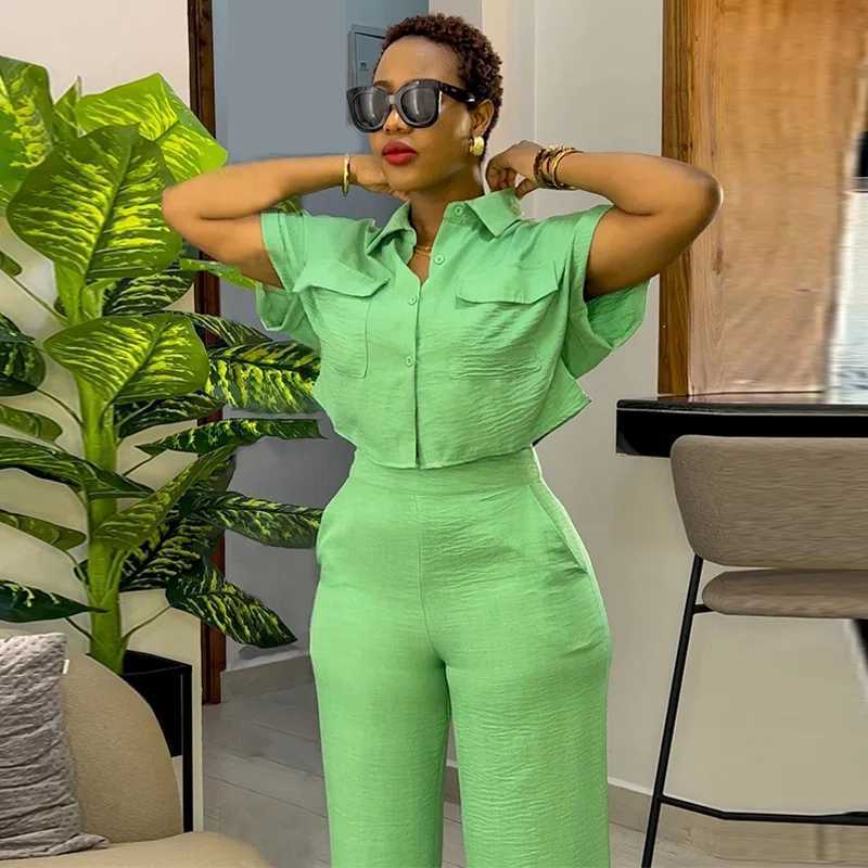 Women's Two Piece Pants Summer Casual Solid Shirt Two Piece Set Women Fashion Loose Button Short Slved Shirt Wide Leg Pants Two Piece Set Women Y240426