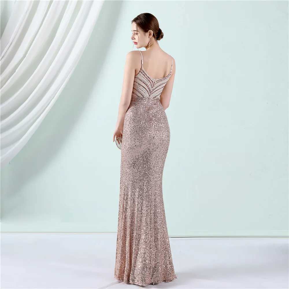 Runway Dresses YIDINGZS Strap V Neck Gold Sequin Dress Sexy Slit Evening Dress Womens Party Maxi Dress Long Prom Dress Y240426