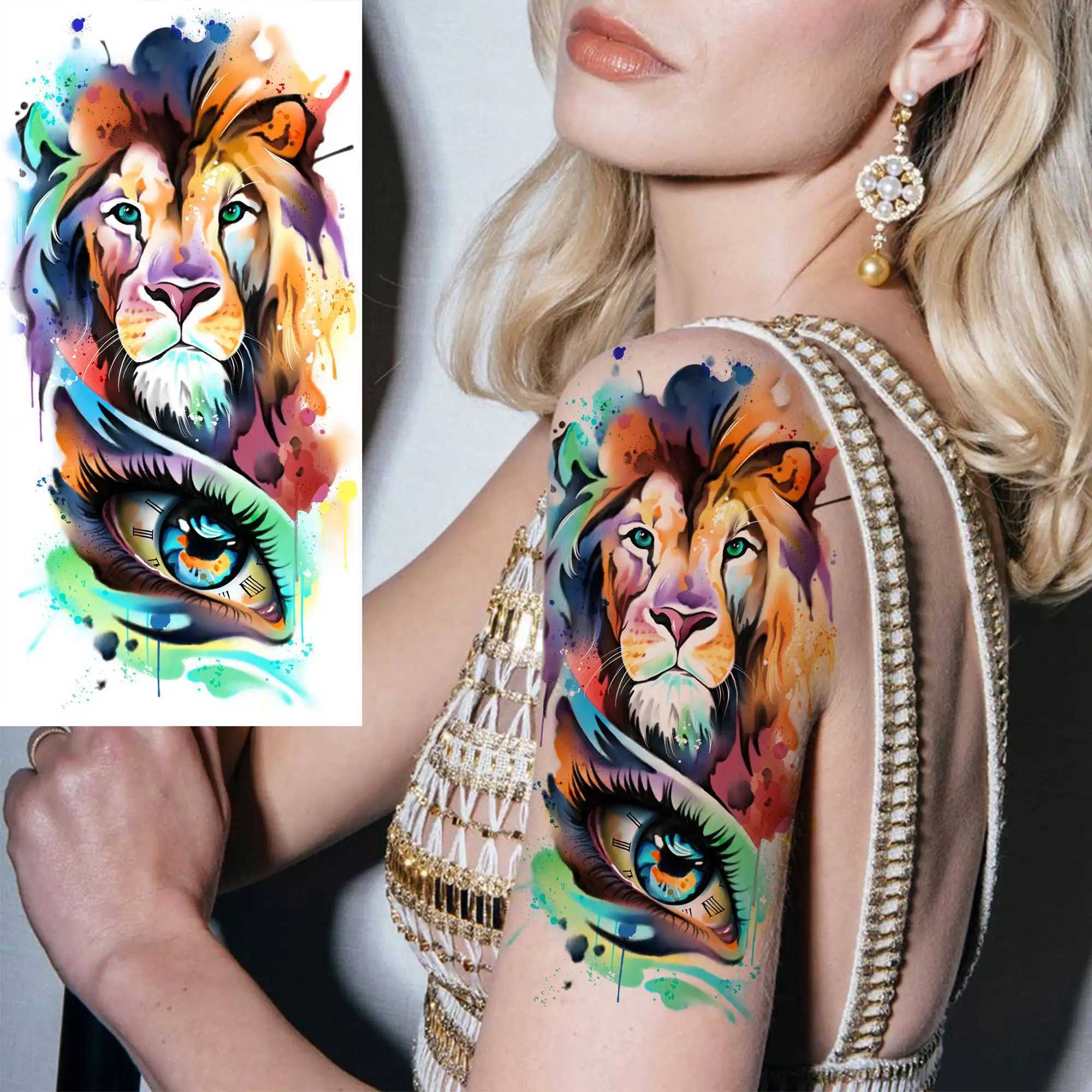 Tattoo Transfer 8 Blätter Flash Wolf Lion Tiger Temporäre Tattoos für Frauen Männer Erwachsene gefälschte Tattoo Aufkleber gefälschter Blumen Gangster Schädel Tatoos Kits 240426