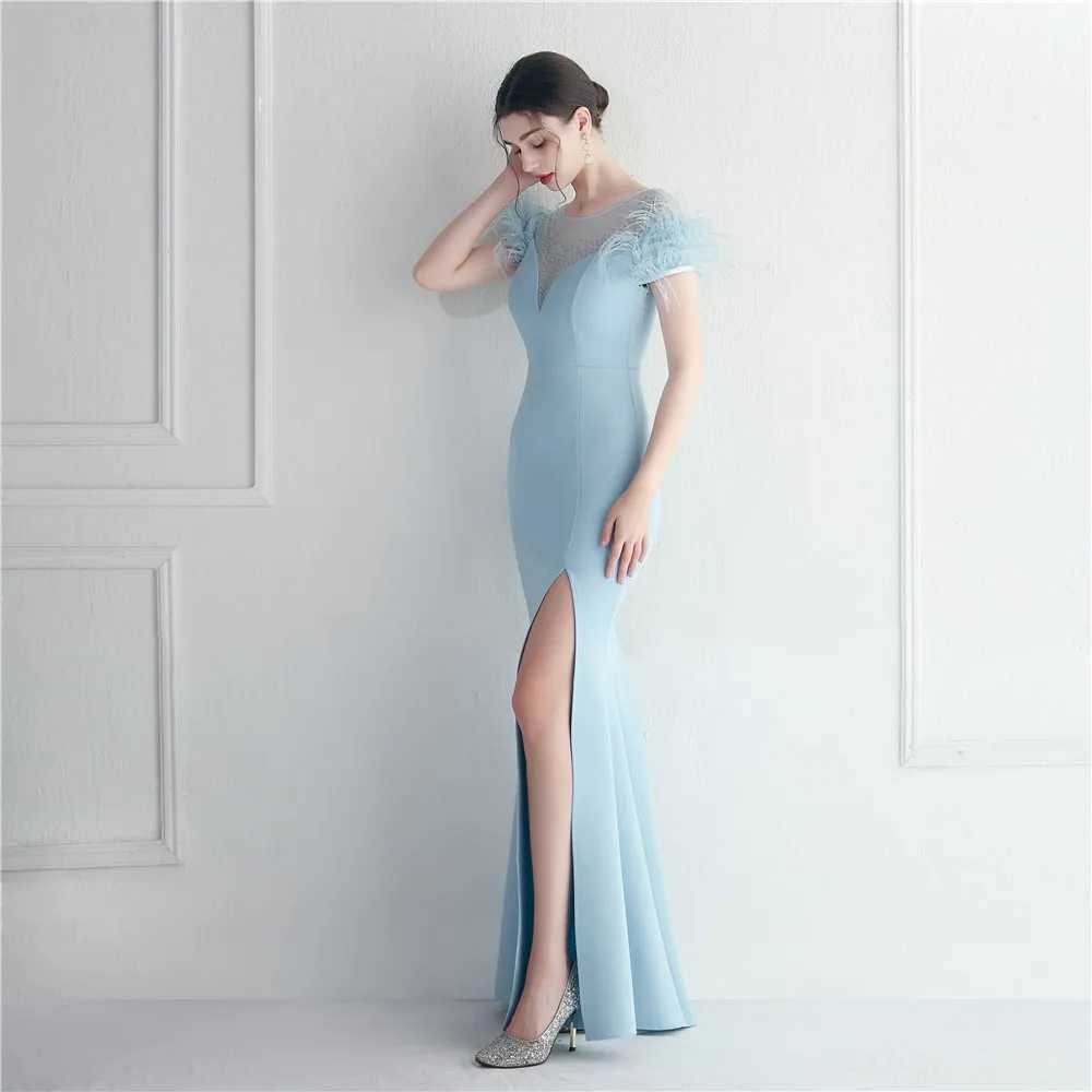 Runway Dresses YIDINGZS 2023 Elegant Feather Long Party Dress Sexy Slit Crystal Dress Floor Length Evening Party Maxi Celebrity Dress Y240426