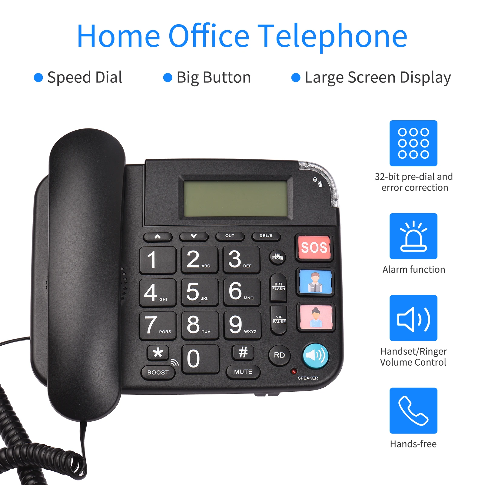 Accessories Black Corded Phone with Big Button Desk Landline Phone Telephone Support HandsFree/Redial/Flash/Speed Dial/Ring Volume Control