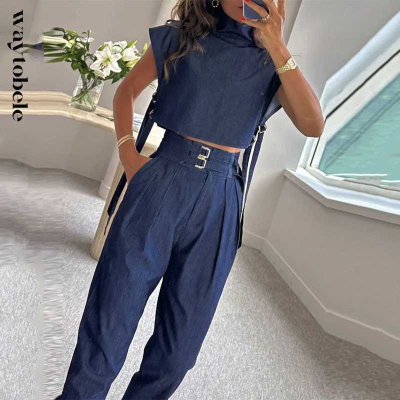 Women's Two Piece Pants Waytobele Women Two Piece Set Summer Fashion Office Solid High Neck Short Slve Top Straight With Pockets Buckle Pants Sets Y240426