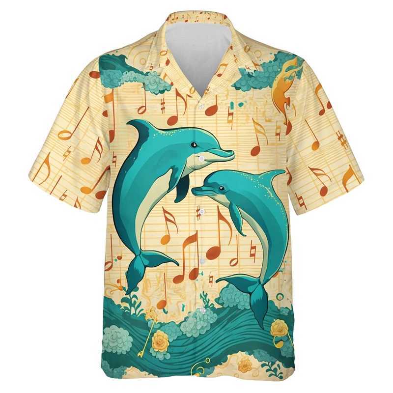 1WE1 Men's Casual Shirts Harajuku Fashion Dolphin Graphic Shirts For Men Clothes Casual Hawaiian Beach Shirt Aloha Cartoon Ocean Animal Blouses Lapel Top 240424