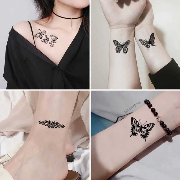 Tatueringsöverföring 30st/parti 3D Butterfly Fake Tattoos Stickers for Woman Girls Black Transfer Tattoo Temporär liten axel handledskropp tatouage 240427