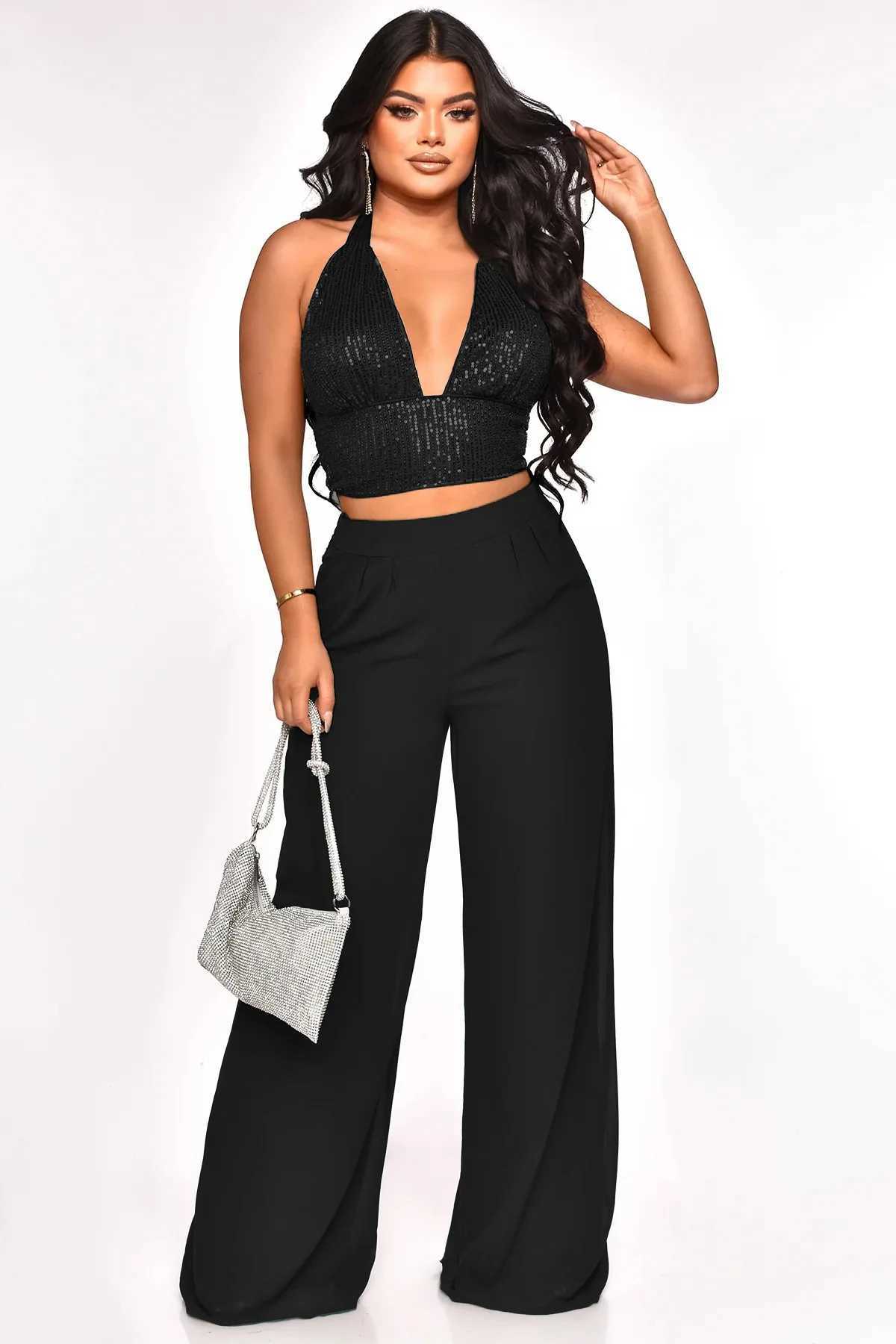 Women's Two Piece Pants Spring Summer Sexy Two Piece Set Women Fashion Sequins Halter Tank Top Wide Leg Pants Two Piece Set Women Y240426