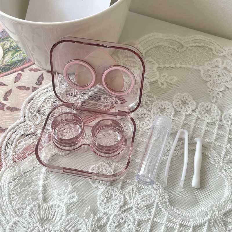 Kontaktlinienzubehör Kontaktlinsenkoffer Pink Transparent Love Bow Kontaktlinsen Case Mädchen tragbare Schönheit Pupille Aufbewahrungsbox Reise Augenpflege Container D240426