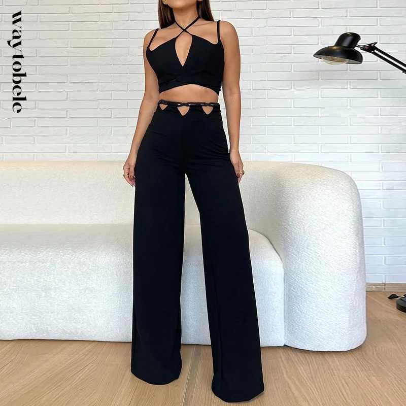 Women's Two Piece Pants Waytobele Women Two Piece Set Summer Fashion Sexy Halter Neck Tie Up Suspender Lace Up Backless Top Cutout Wide Legs Pants Sets Y240426