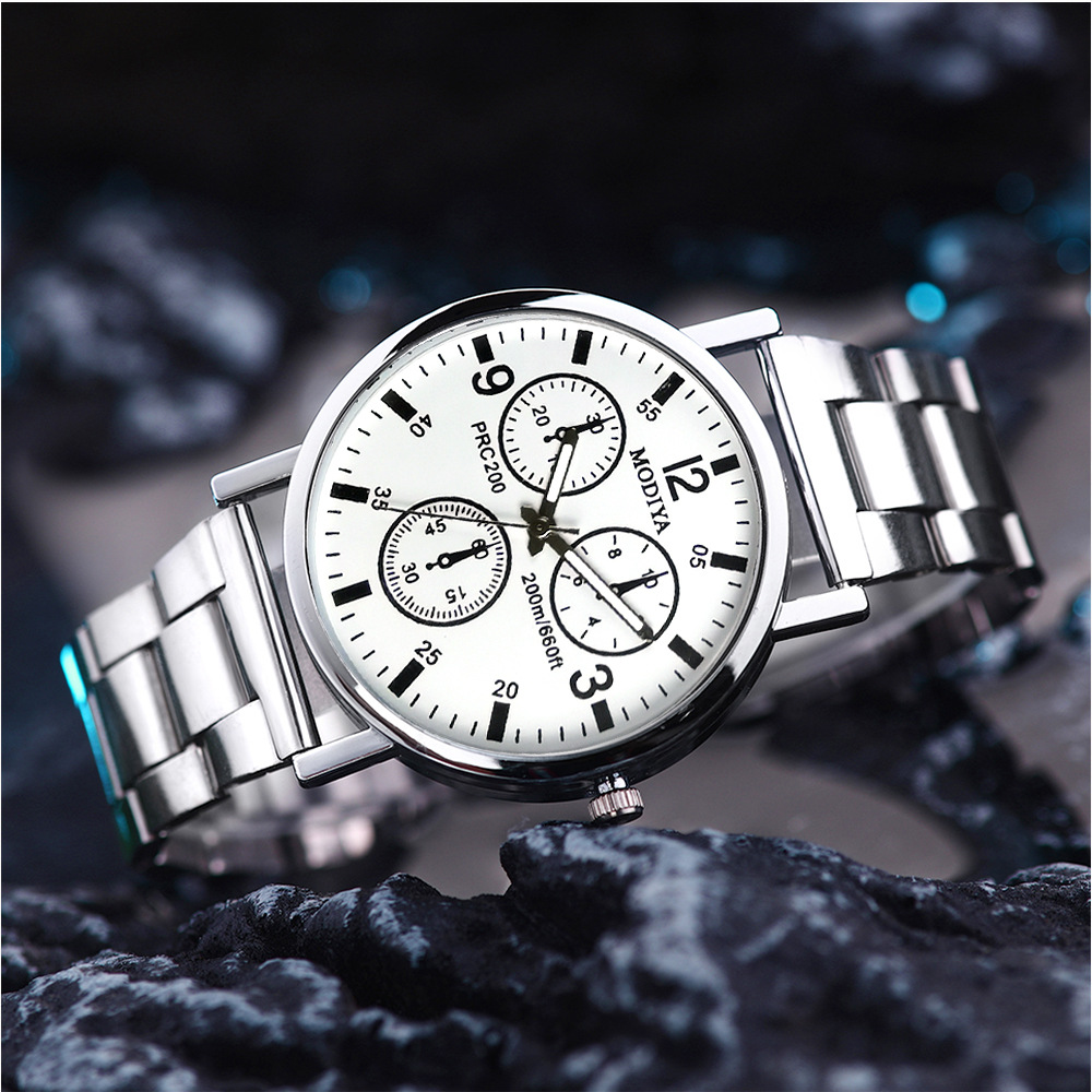 Wholesale Blue Light Mirror Quartz Watch for Men with Three Eyes Steel Band, Directly Operated by Watch Manufacturers
