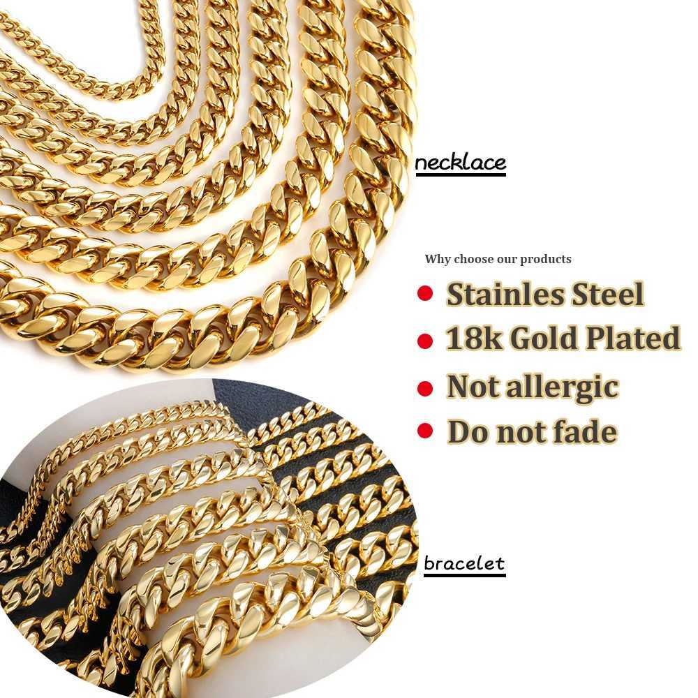 Strands 6-18mm wide gold Miami Cuban chain suitable for men women hip-hop stainless steel necklaces bracelets fashionable jewelry and trendy accessories 240424