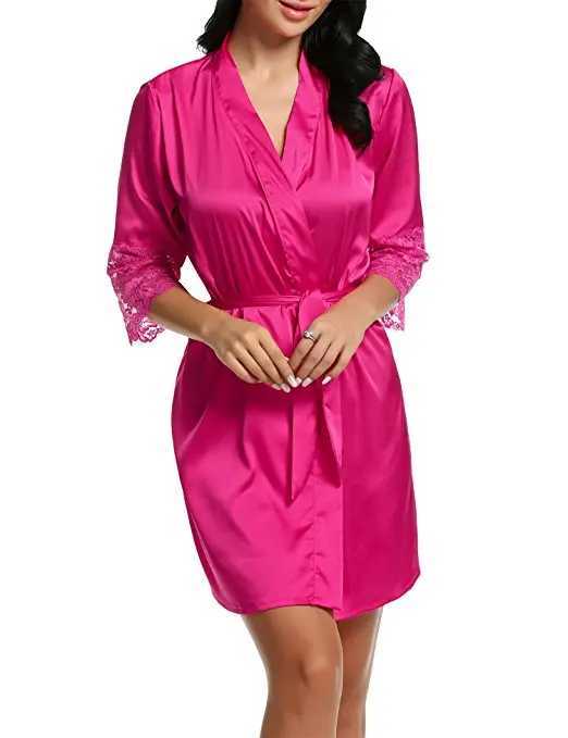 Women's Sleepwear Sexy Ladies Lace Satin Robe Gown Solid Soft Nightgown Nightwear Kimono Bathrobe Slpwear Wedding Bride Bridesmaid Robe Y240426