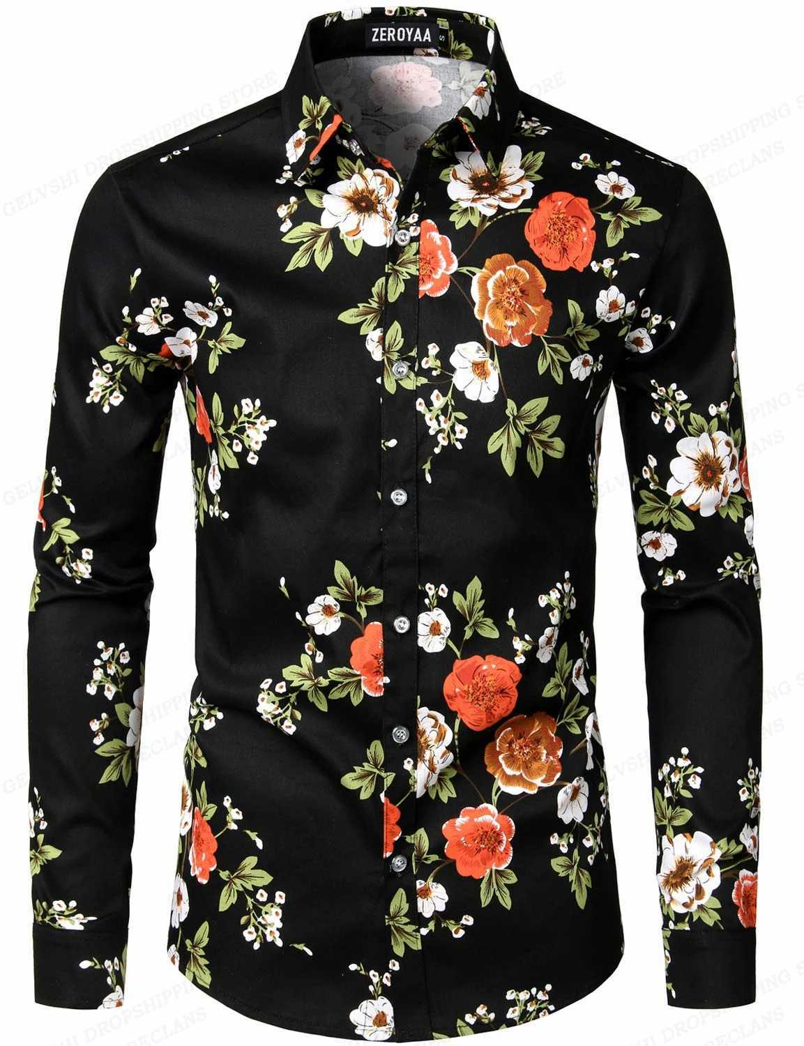 Camisas casuales para hombres flores camisas hawaianas casuales camisas de manga larga camiseta de moda cuba playa blusa ropa para hombres girar sobre flores camisas 240424