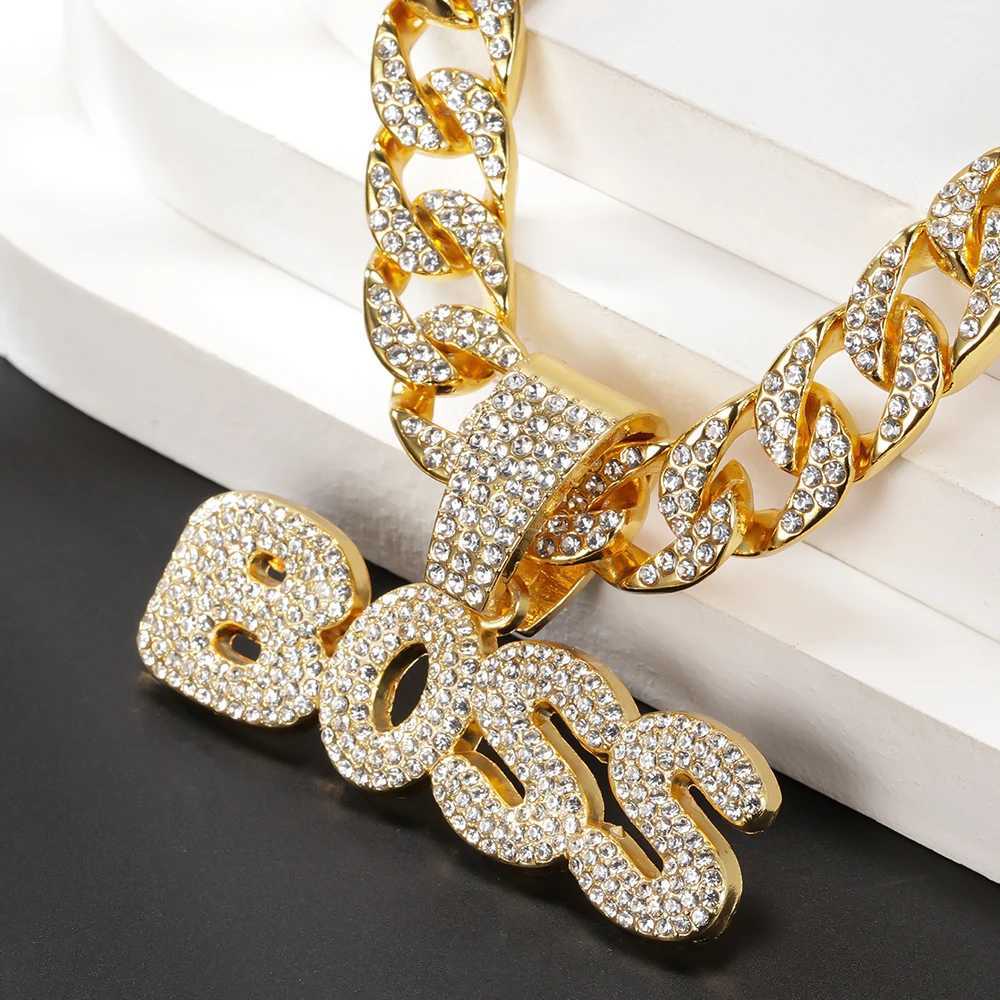 Strands Boss Cuban Chain Necklace Bling Alloy Letter Necklace Womens Hip Hop Gothic Jewelry Miami Chain 240424