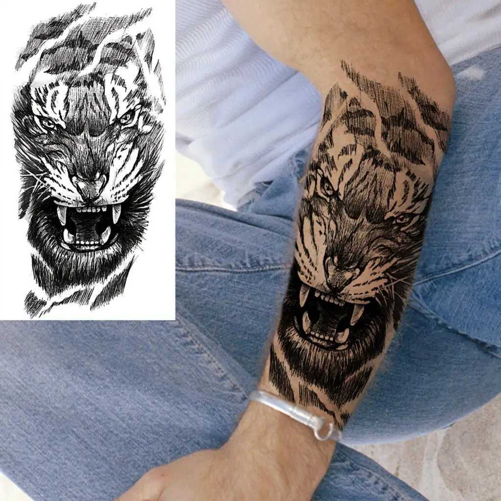 Tatuagem Transferência de tigre preto Tigre tatuagens temporárias para homens mulheres adultas pirata navio Flor Flor Lion Tattoo Fake Tattoo Halva Tatoo de Manga 240426