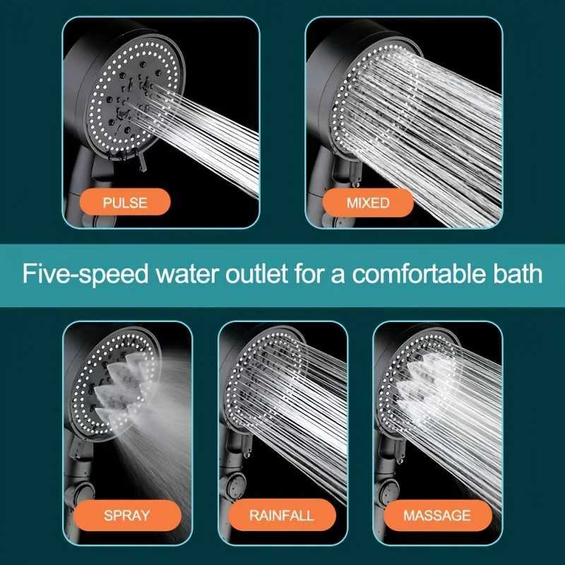 Bathroom Shower Heads Adjustable Black Shower Head High Pressure Water Saving Shower Head With 5 Modes+Wall Mounted Bracket+Hose