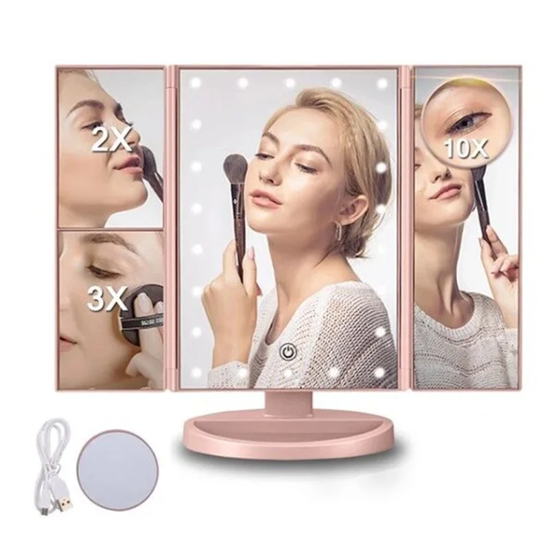 Miroir de vanité éclairé à trifold à outil avec 22 lumières LED, écran tactile et grossissement 3x / 2x / 1x, deux miroirs de maquillage en mode d'alimentation à deux aliments