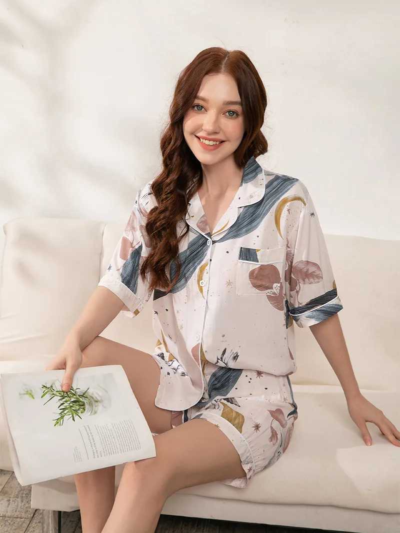 Женская одежда для сна плюс размер S-3XL Viscose Pajama Set для женщин цветочный принт короткая пижама Удобная домашняя одежда пижамы для женщин Y240426