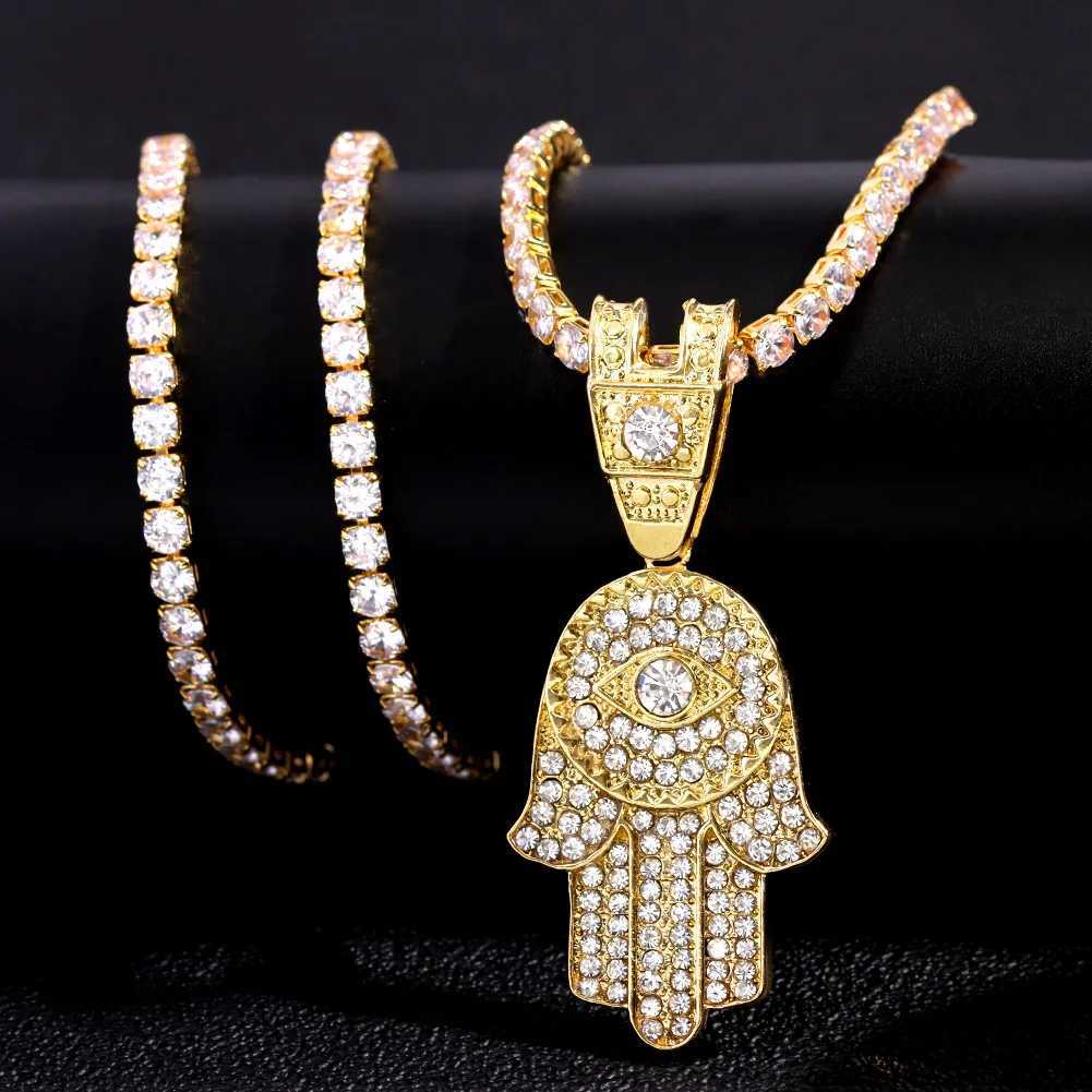 Strands Shining Crystal Hamsa Calcola cattiva Citana zircone a pendente adatto donne La collana cubana a catena cubana Mens Punk Hip Hop Jewelry 240424