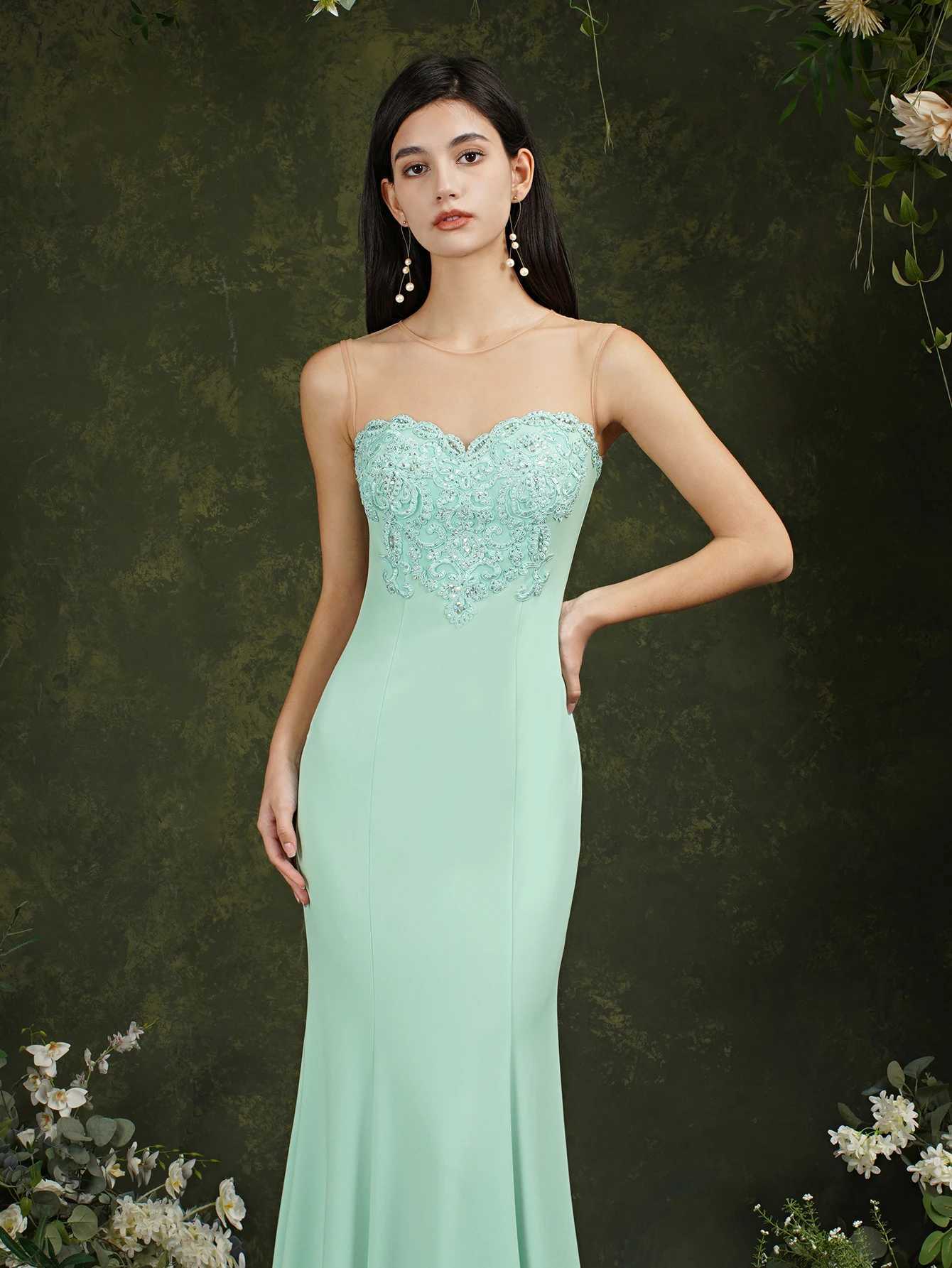 Runway klänningar kvinnor sjöjungfru aftonklänningar mint grn guld appiqus pärlor swtheart illusion backless maxi klänningar vestido de festa y240426