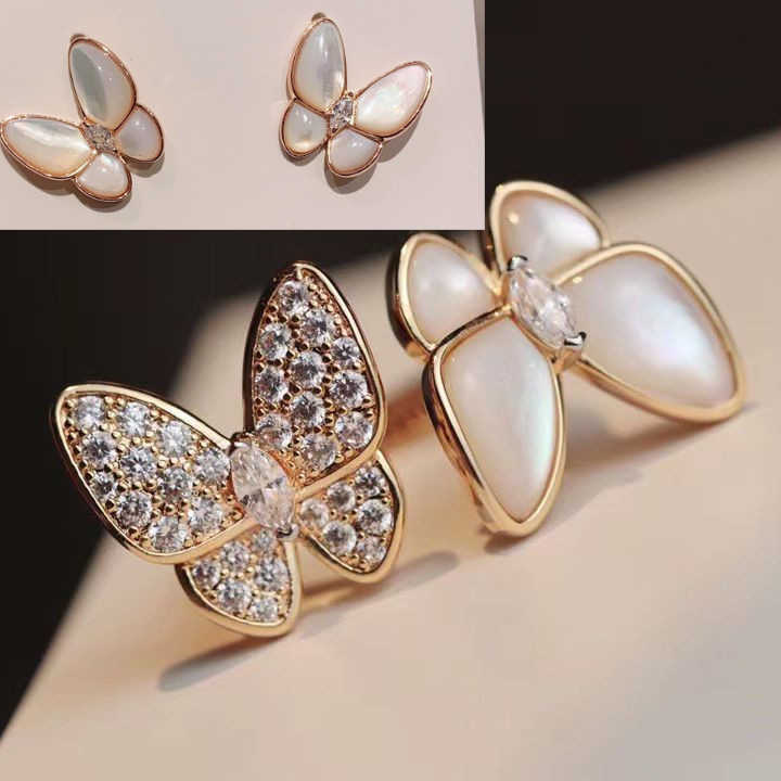 Amantes anel exclusivo sem deformação Alta prata pura anel de borboleta branca feminina rosa com vnain comum