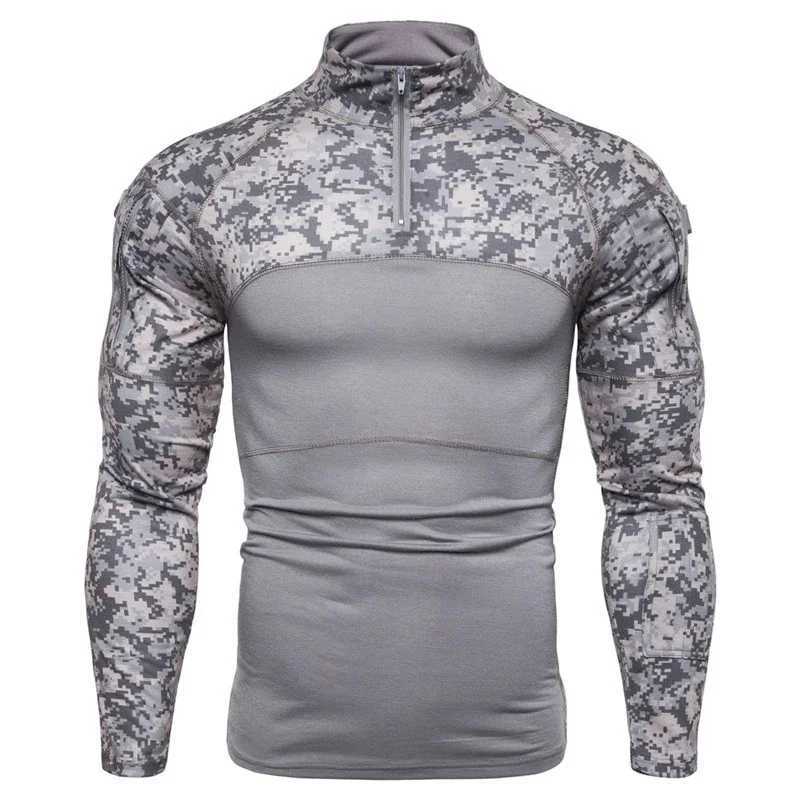 Taktiska T-shirts Mens Camouflage Long Sleeved T-shirt Slim Fit Casual dragkedja Stand Up Collar Elastic Outdoor Fitness Shirt Militär Taktisk skjorta 240426