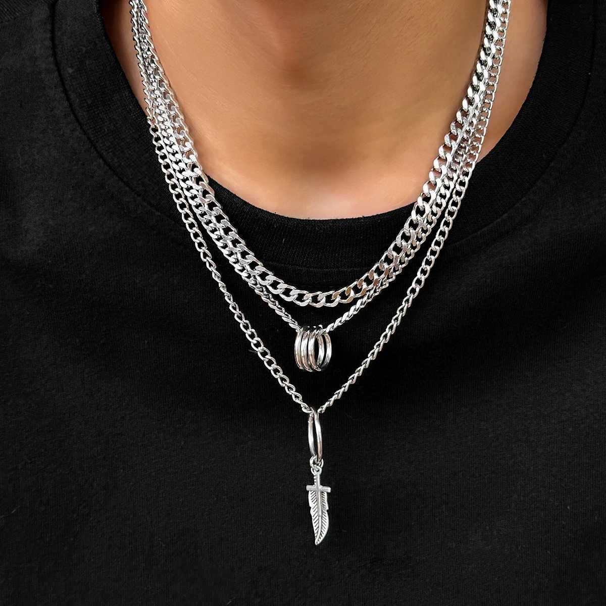 Strands KunJoe 3-piecemens metal feather pendant necklace punk silver multi-layer Cuban chain necklace hip-hop jewelry 240424