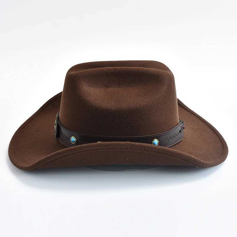 Breda brimhattar hink hattar nya vintage western cowboy hatt för herrkvinnor rulla grim lady cowgirl jazzhatt med läder cloche kyrka sombrero hombre kepsar y240425