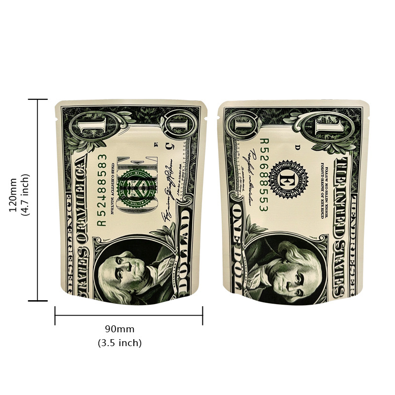 Geruch Beweis leerer Mylar-Tasche 3,5 Gramm Geld Design wiederverwendbarer Stand-up-Plastikbeutel Aluminium Lebensmittelspeicher für Snack-Kräuterverpackungen mit Reißverschlussschloss