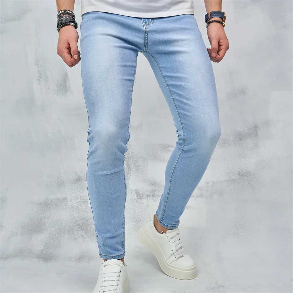 Mäns jeans street kläder herrar enkel stil solida täta jeans med bästa kvalitet herr jogging casual blyerts jeansl2404