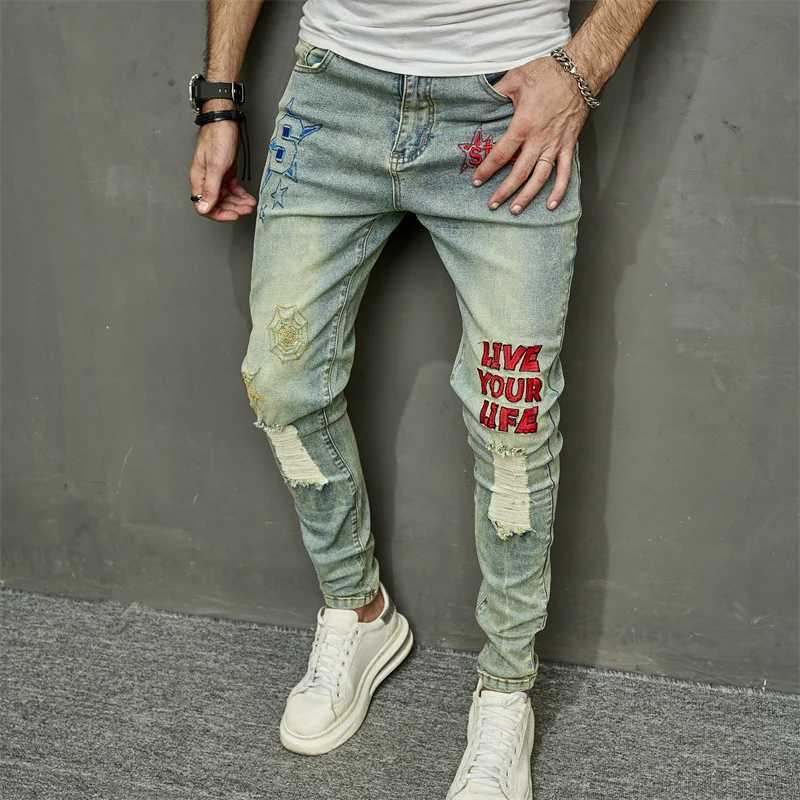 Herren Jeans Herren Retro -Stil Stickerei Tränenhip Hop Ultra dünner Bleistift Jeans Herren Elastic Hole Casual Jeans Troussersl2404