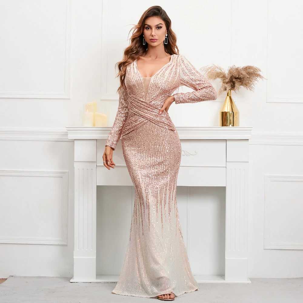 Runway Dresses YIDINGZS Stretch Gold Sequined Maxi Dress Full Slve V Neck Mermaid Evening Night Long Party Prom Dress 19037 Y240426