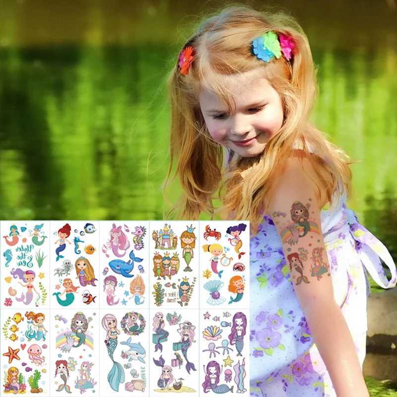 Tattoo -overdracht 10 -stcsTijdelijke tattoo sticker Kids Cute Cartoon Water Tattoo Unicorn Mermaid Dierstickers Gezicht Hand Tattoo vinger klein 240427